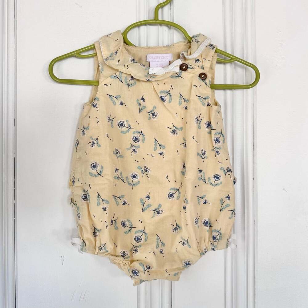 Shabby Chic Baby Romper, Size 3-6M Floral Yellow Cotton